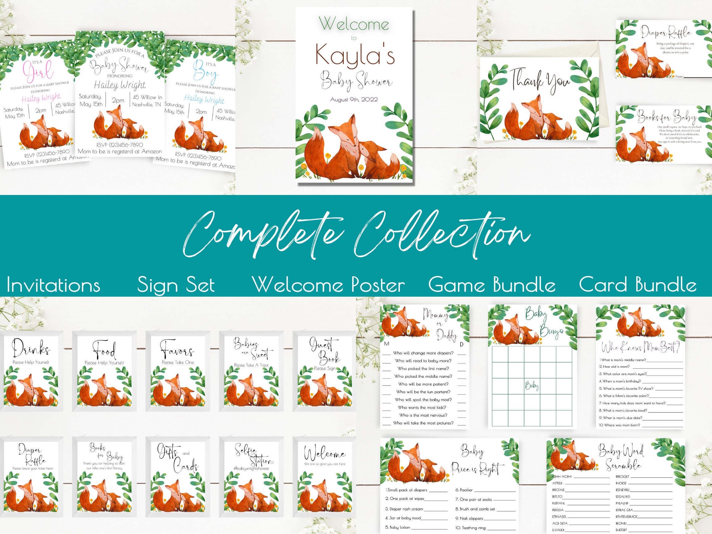 Editable Fox Baby Shower Game Bundle Templates Guess Who Mom Etsy