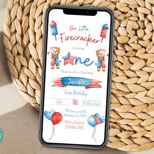 Our Little Firecracker Is Turning One Phone Invitation  | 4th Of July First Birthday Mobile Invitation | Patriotic First Birthday Invitation