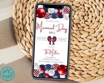 Memorial Day BBQ Phone Invitation Template | Memorial Day Cookout Invitation | Digital Memorial Day Celebration Invitation Template