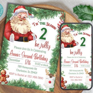 Tis&#39; The Season Two Be Jolly Second Birthday Invitation | Christmas Second Birthday Party Invitation | Santa Clause 2nd Birthday Invitation