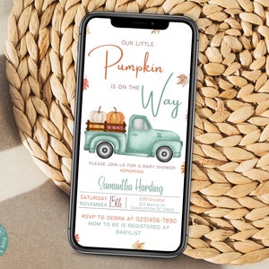Our Little Pumpkin Is On The Way Baby Shower Phone Invitation Template | Neutral Fall Baby Shower Invitation | Autumn Baby Shower Invitation