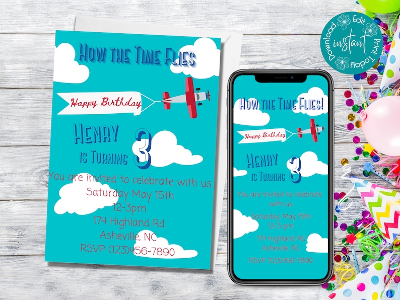 Editable How the Time Flies Birthday Invitation Template Printable Airplane Birthday Invitation Aviation Birthday Party