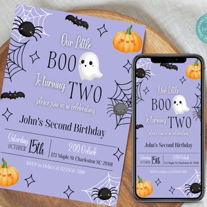 Our Little Boo Is Turning Two Invitation Template | Boy Halloween Birthday Party Invitation | Boy Second Birthday Halloween Invitation