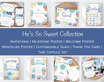 He's So Sweet Birthday Bundle Templates | He's A Sweet One Birthday Party Invitation & Décor Templates | Boy 1st Birthday Bundle Templates