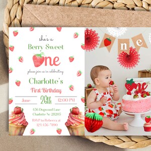 Berry Sweet One First Birthday Photo Invitation | Berry Sweet Birthday Invite | Strawberry First Birthday Invite | She&#39;s A Berry Sweet One