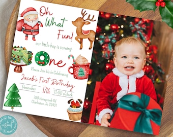 Oh What Fun First Birthday Photo Invitation Template | Christmas First Birthday Party Picture Invitation | Santa Clause Birthday Invitation