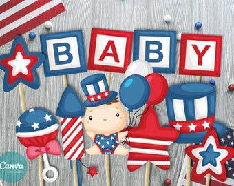 Red, White & Due Baby Shower Centerpiece Cutouts | 4th Of July Baby Shower Cake Toppers | Independence Day Baby Shower Centerpieces