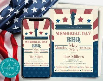 Memorial Day BBQ Invitation Template | Printable Memorial Day Cookout Invitation | Digital Memorial Day Celebration Invitation Template