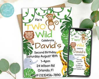 Editable Two Wild Birthday Invitation Template | Printable Jungle Birthday Party Invite | Safari Birthday Party Invitation Instant Download