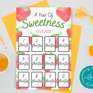 Editable Strawberry Birthday Monthlies Poster | Printable Sweet One Monthly Milestone Sign | Two Sweet | Berry First Birthday | Berry Sweet