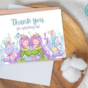 Unsere kleinen Meerjungfrauen Zwilling Geburtstag Dankeschön Karten Vorlage | Meerjungfrau Zwillinge Geburtstag Dankeskarte | Zwillings-Geburtstags-Party-Dankeskarte