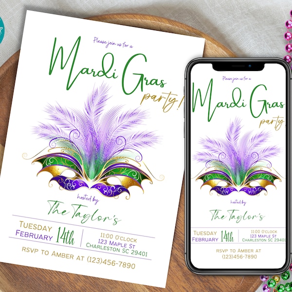 Modèle d'invitation à la fête de Mardi Gras | Modèle d'invitation à la fête du mardi gras | Invitation de célébration de mardi gras | Invitation au défilé du Mardi Gras