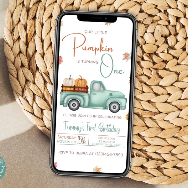 Our Little Pumpkin Is Turning One Phone Invitation Template | Fall Birthday Party Invitation | Green Truck Autumn Birthday Mobile Invite