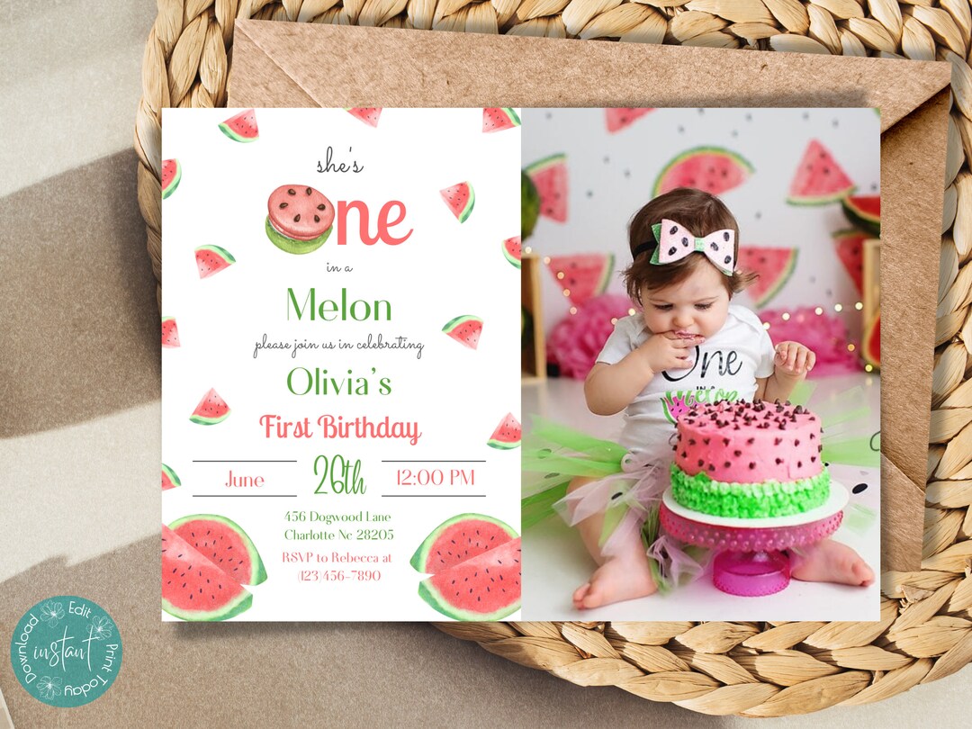 She's One in a Melon Birthday Party Photo Invitation | Watermelon First ...