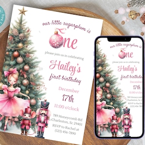 Our Little Sugarplum Is Turning One First Birthday Invitation | Nutcracker Christmas First Birthday Invitation | Winter Onderland Birthday