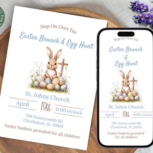 Invitation Brunch de Pâques et chasse aux œufs en plein air| chasse aux oeufs de Pâques | Invitation brunch de Pâques | Modèle d'invitation pour le dimanche de Pâques