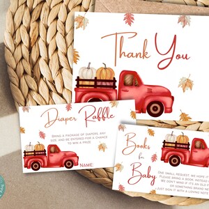 Nuestro paquete de tarjetas de baby shower Little Pumpkin / Paquete de baby shower de camión rojo / Libros de otoño para bebé / Rifa de pañales de otoño / Tarjeta de agradecimiento de otoño