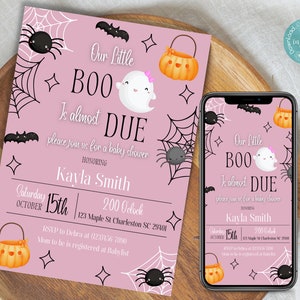Our Little Boo Is Almost Due Baby Shower Invitation Template | Girl Halloween Baby Shower Invitation Template | Halloween Baby Shower Invite