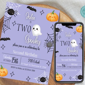 He&#39;s Two Spooky Birthday Invitation Template | Boy Halloween Birthday Party Invitation | Boy Second Birthday Halloween Party Invitation