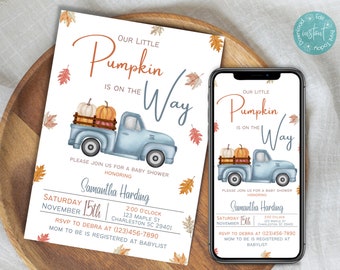 Our Little Pumpkin Baby Shower Invitation Template | Boy Fall Baby Shower Invitation | Blue Autumn Baby Shower Invitation