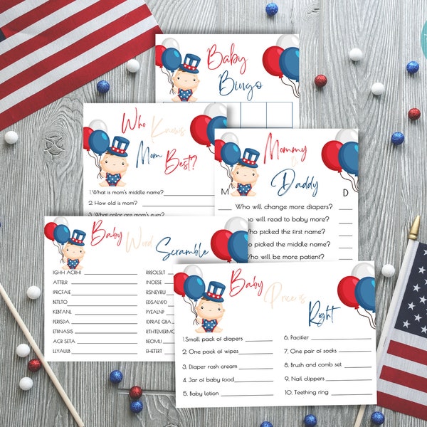 Red, White & Due Baby Shower Game Bundle | 4th Of July Baby Shower Game Templates | Independence Day Baby Shower Game Bundle Templates