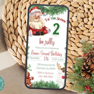 Tis&#39; The Season Two Be Jolly Second Birthday Mobile Invitation | Christmas Second Birthday Phone Invitation | Santa Clause Birthday Invite