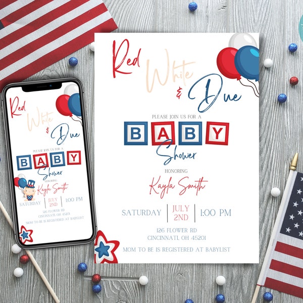Red, White & Due Baby Shower Invitation Template | July 4th Baby Shower Invitation | Independence Day Baby Shower Invitation Template
