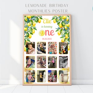 Cartel mensual del primer cumpleaños de limonada / Primer letrero fotográfico mensual de limonada rosa / Tablero de imágenes mensual del primer cumpleaños de limón