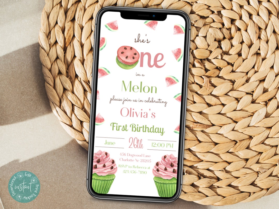 She's One in a Melon Birthday Party Phone Invitation | Watermelon First ...