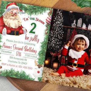 Tis&#39; The Season Two Be Jolly Second Birthday Photo Invite | Christmas Second Birthday Photo Invitation | Santa Clause 2nd Birthday Invite