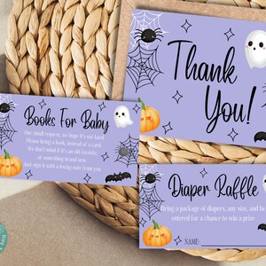 Paquete de tarjetas de baby shower de Halloween para niños / Libros de Halloween para bebés / Rifa de pañales de Halloween / Tarjeta de agradecimiento de Halloween