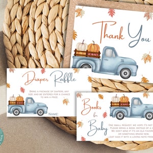 Nuestro paquete de tarjetas de baby shower Little Pumpkin / Libros de otoño para bebés / Rifa de pañales de otoño / Tarjeta de agradecimiento de otoño / Paquete de baby shower de otoño
