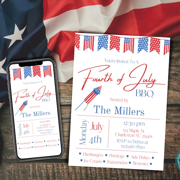 4th of July BBQ Invitation Editable Template | Independence Day Party Printable Invitation | 4th of July Celebration Digital Invitation