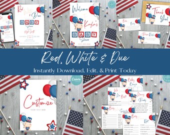 Red, White, & Due Baby Shower Bundle Templates | 4th of July Baby Shower Invitations and Decor | Independence Day Baby Shower Templates