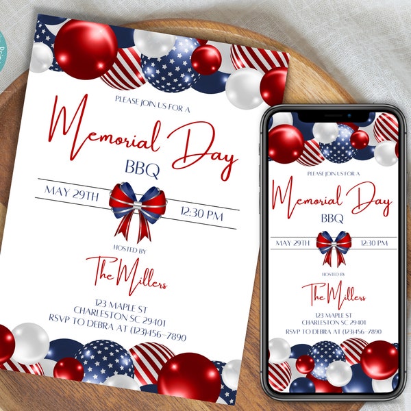 Memorial Day BBQ Invitation Template | Memorial Day Cookout Printable Invitation Template | Memorial Day Celebration Phone Invitation