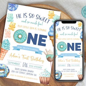 He&#39;s So Sweet Birthday Invitation Template | Sweet One First Birthday Invitation | Boy Candy Themed Birthday | Boy First Birthday Invite