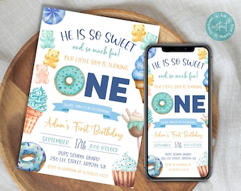 He's So Sweet Birthday Invitation Template | Sweet One First Birthday Invitation | Boy Candy Themed Birthday | Boy First Birthday Invite