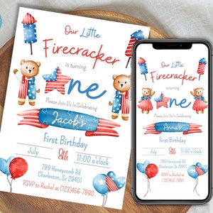Our Little Firecracker Is Turning One Invitation Template | 4th Of July First Birthday Invitation | Patriotic First Birthday Invitation