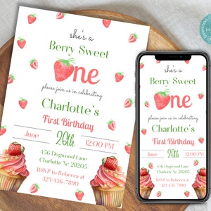 Berry Sweet One First Birthday Invitation | Berry Sweet Birthday Invite | Strawberry First Birthday Invite | She&#39;s A Berry Sweet One