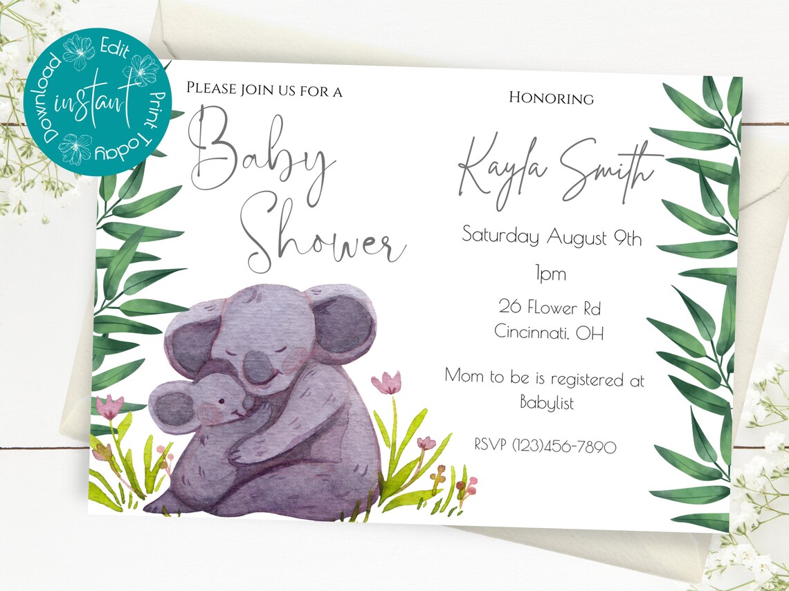 Koala Baby Shower Invitation Templates Neutral Baby Shower Etsy