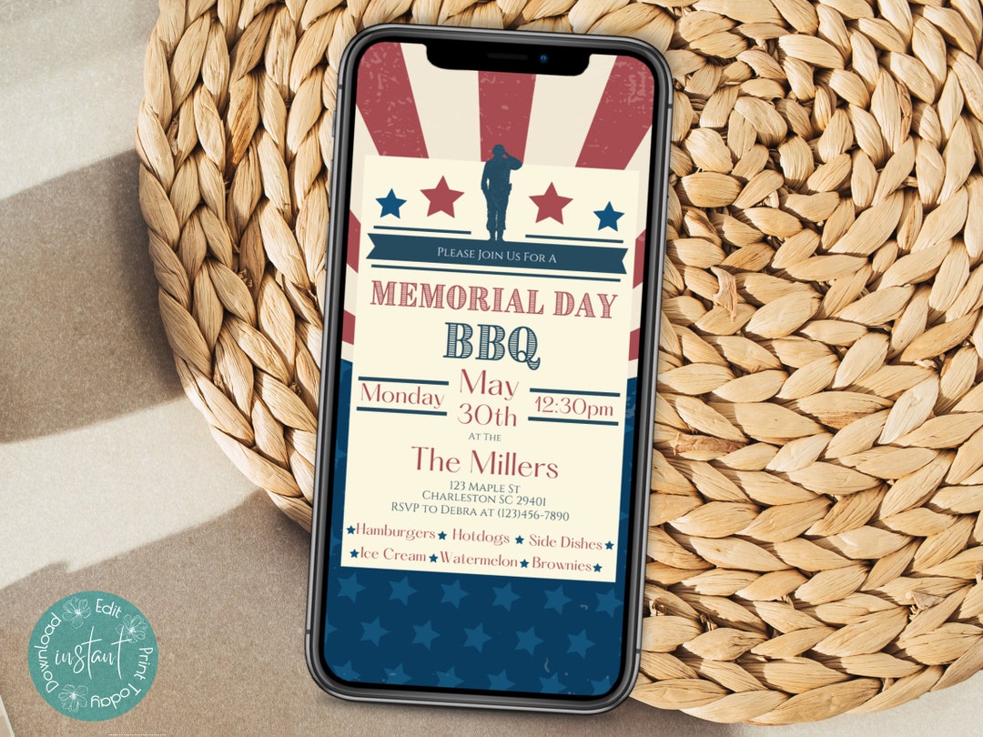Memorial Day BBQ Phone Invitation Template | Memorial Day Cookout ...