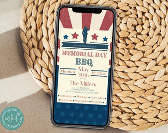 Memorial Day BBQ Phone Invitation Template | Memorial Day Cookout Invitation | Digital Memorial Day Celebration Invitation Template