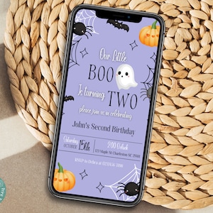 Our Little Boo Is Turning Two Phone Invitation Template | Boy Halloween Birthday Party Invite | Boy Second Birthday Halloween Invite