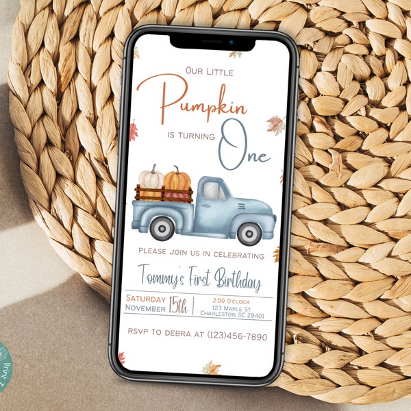 Our Little Pumpkin Is Turning One Phone Invitation Template | Boy Fall Birthday Party Invitation | Blue Truck Autumn Birthday Mobile Invite