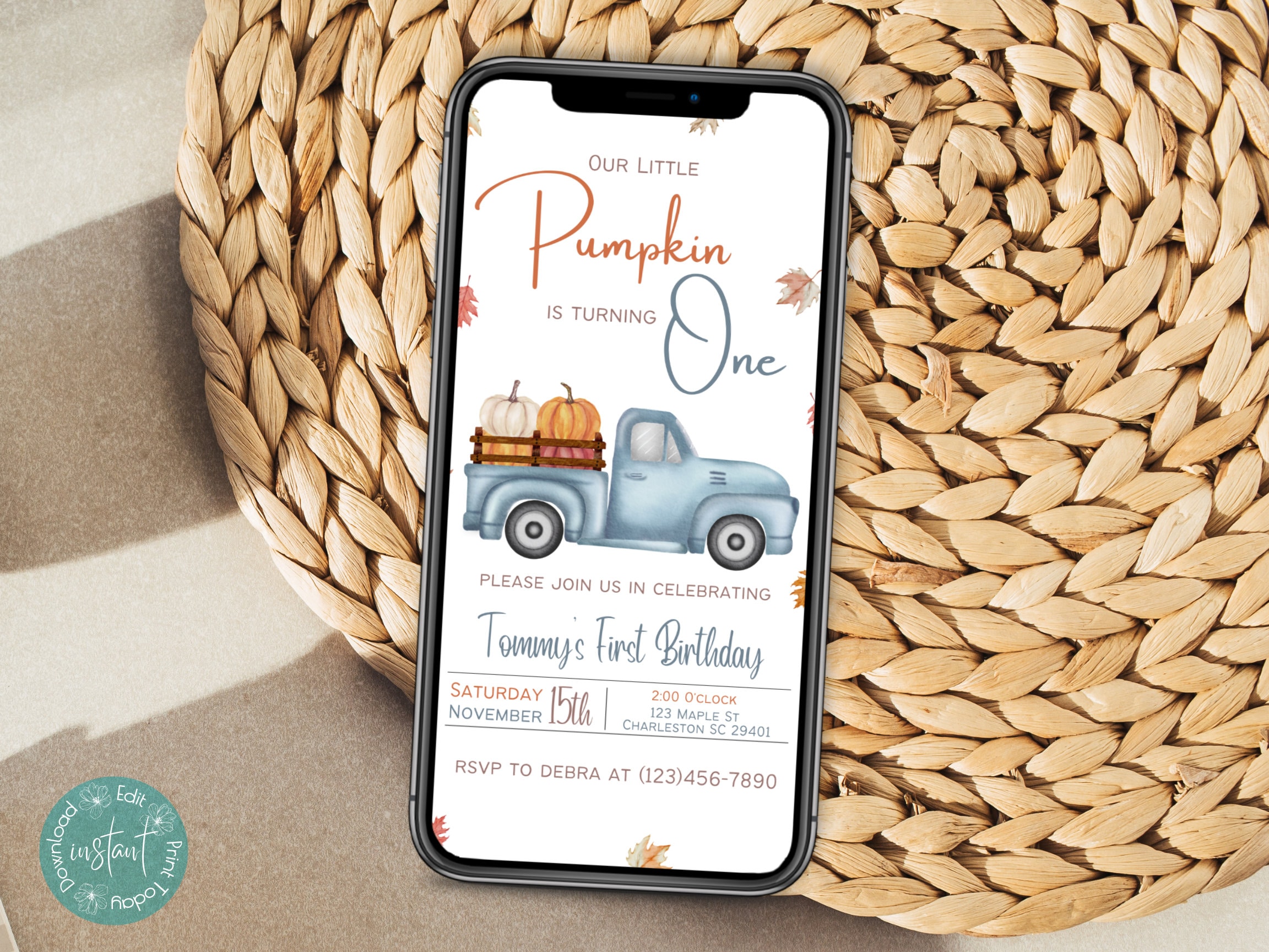 Our Little Pumpkin Is Turning One Phone Invitation Template | Boy Fall Birthday Party Invitation | Blue Truck Autumn Birthday Mobile Invite