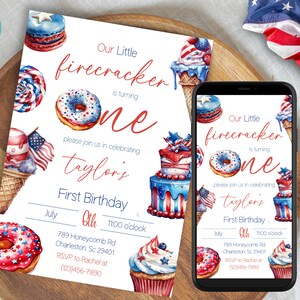 Our Little Firecracker Is Turning One Invitation Template | 4th Of July First Birthday Invitation | Independence Day Birthday Invitation