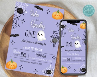 He's A Spooky One Birthday Invitation Template | Boy Halloween Birthday Party Invitation | Boy First Birthday Halloween Invitation