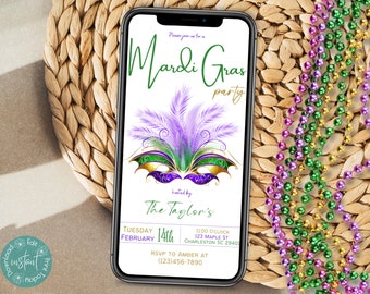 Mardi Gras Party Phone Invitation Template | Fat Tuesday Party Mobile Invitation | Mardi Gras Celebration Invitation | Mardi Gras Parade