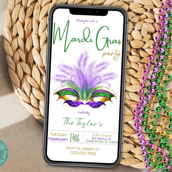 Modèle d'invitation de téléphone de fête de Mardi Gras | Invitation mobile de partie de gros mardi | Invitation de célébration de mardi gras | Défilé du Mardi Gras