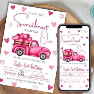 Our Little Sweetheart Is Turning One Invitation Template |  Valentine&#39;s Day Birthday Party Invitation | First Birthday Valentine&#39;s Party